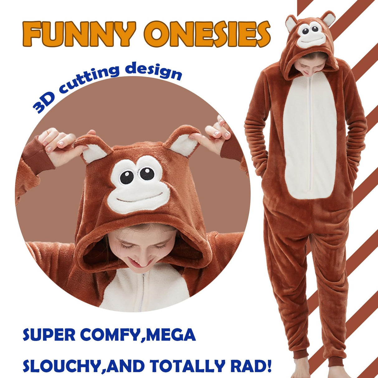 SWEETXIN Adult Unisex Brown Monkey Onesie Pajamas Halloween Christmas Cosplay Costume Suit for Women and Men (Small, Monkey)