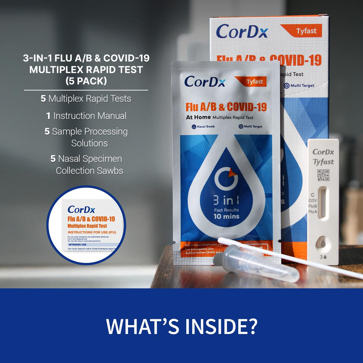 CorDx Flu A/B & COVID-19, At Home 3-in-1 Rapid Test Kit, 5 Tests