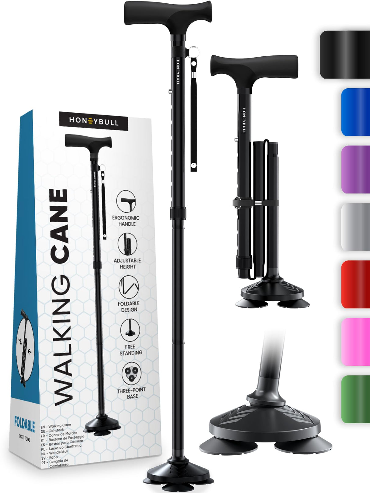 HONEYBULL Walking Cane for Men & Women - Foldable, Adjustable, Collapsible, Free Standing Cane, Pivot Tip, Heavy Duty | Walking Sticks, Folding Canes for Seniors & Adults (Black, Pivot Cane)