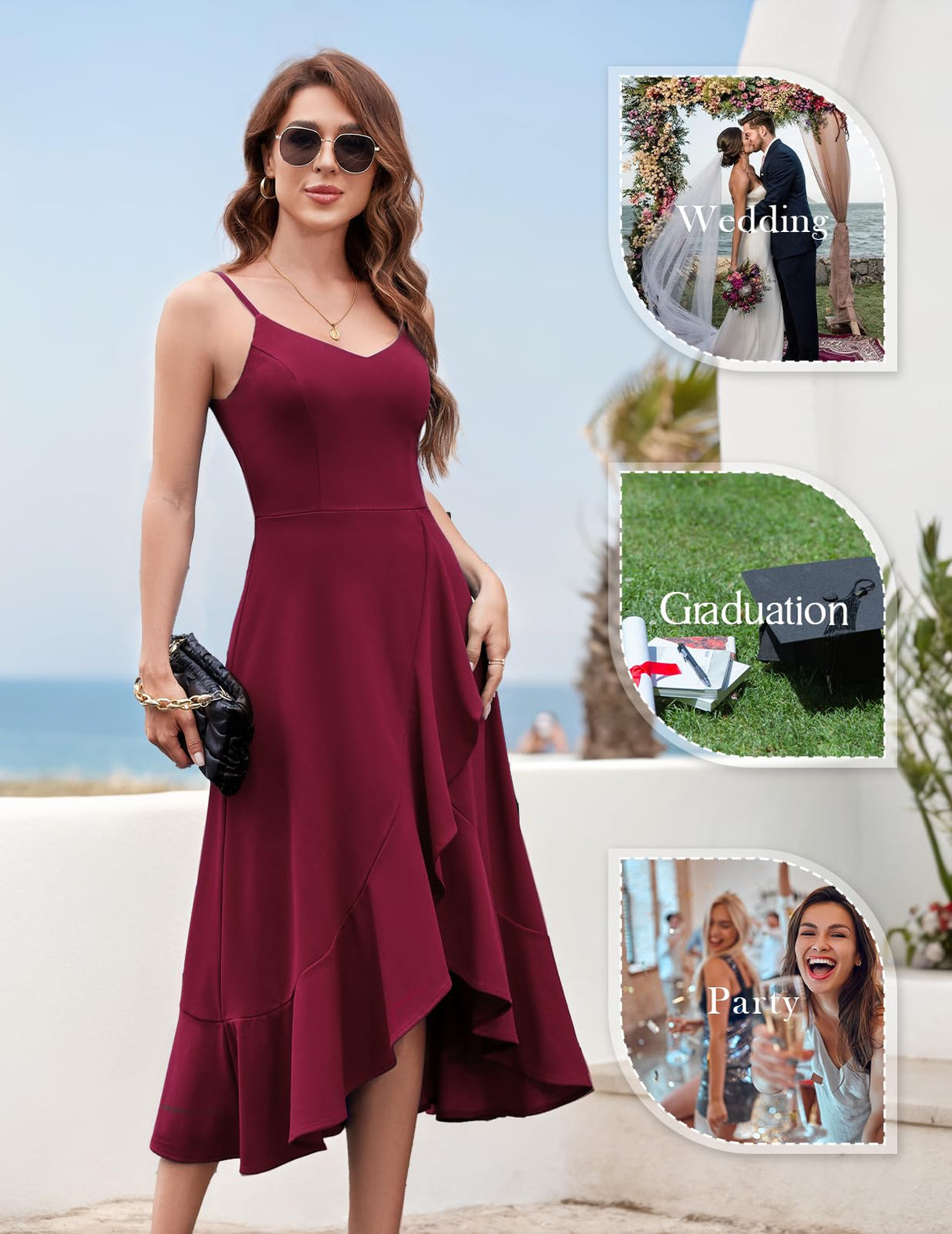 DRESSTELLS Woman's Cocktail Dress, Fall Semi Formal Wedding Guest Christmas Holiday Party Casual Aline Evening Prom Midi Dresses Burgundy M
