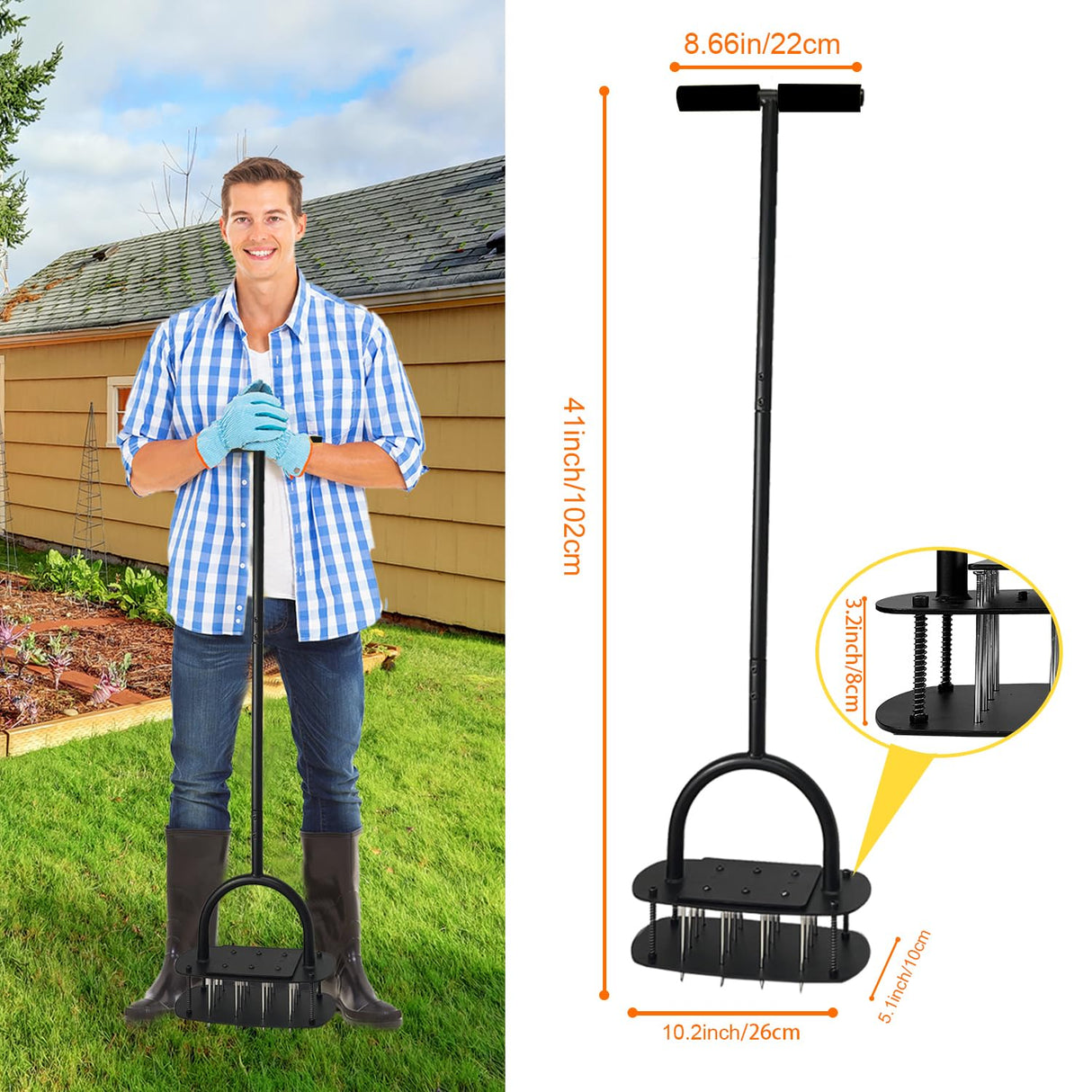 Aerator Lawn Tool, 16 Iron Spikes Manual Lawn Aerators with 3-Layer Anti-Loose Cover & Spring Auto Soil Clean, Yard Grass Aerator for Healthier Lawn, Garden Tool, Pre-Assembled Base for Easy Setup