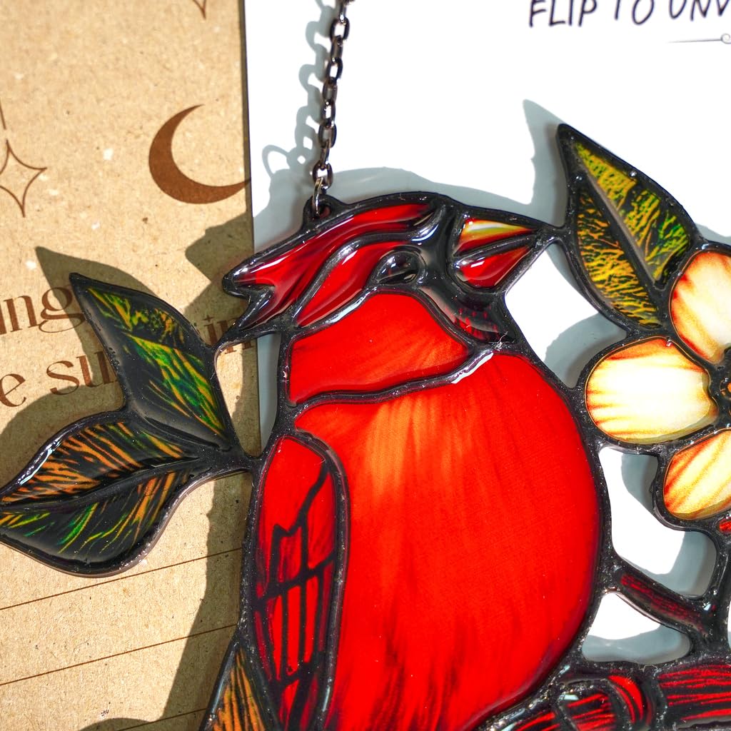 Cardinal Handmade Resin Suncatchers, Artisan Boho Sun Catcher Stained Glass Effect Memorial Window Hanging Garden Decor, Gift for Mother's Day Mom Grandma Wife Women