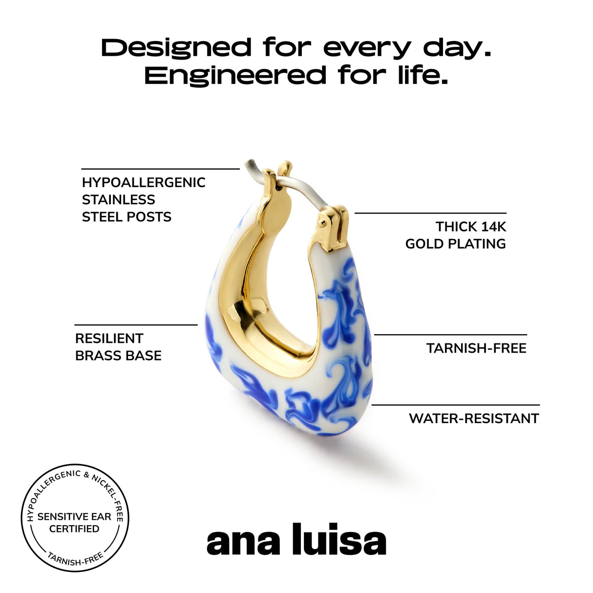 Ana Luisa Sphere Hoop Earring Dakota Styles Womens Earrings - Trendy 14K Gold Plated, Silver Rhodium Plated w/Blue Marble - Mini Huggie Hoop Earrings for Women Hypoallergenic & Tarnish-Free