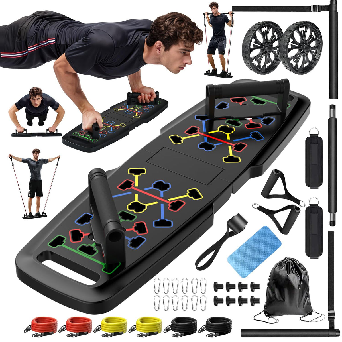 MQRW Push Up Board,Home Gym,Portable Exercise Equipment,Pilates Bar and 20 Fitness Accessories with Resistance Bands and Ab Roller Wheel,Full Body Workout at Home