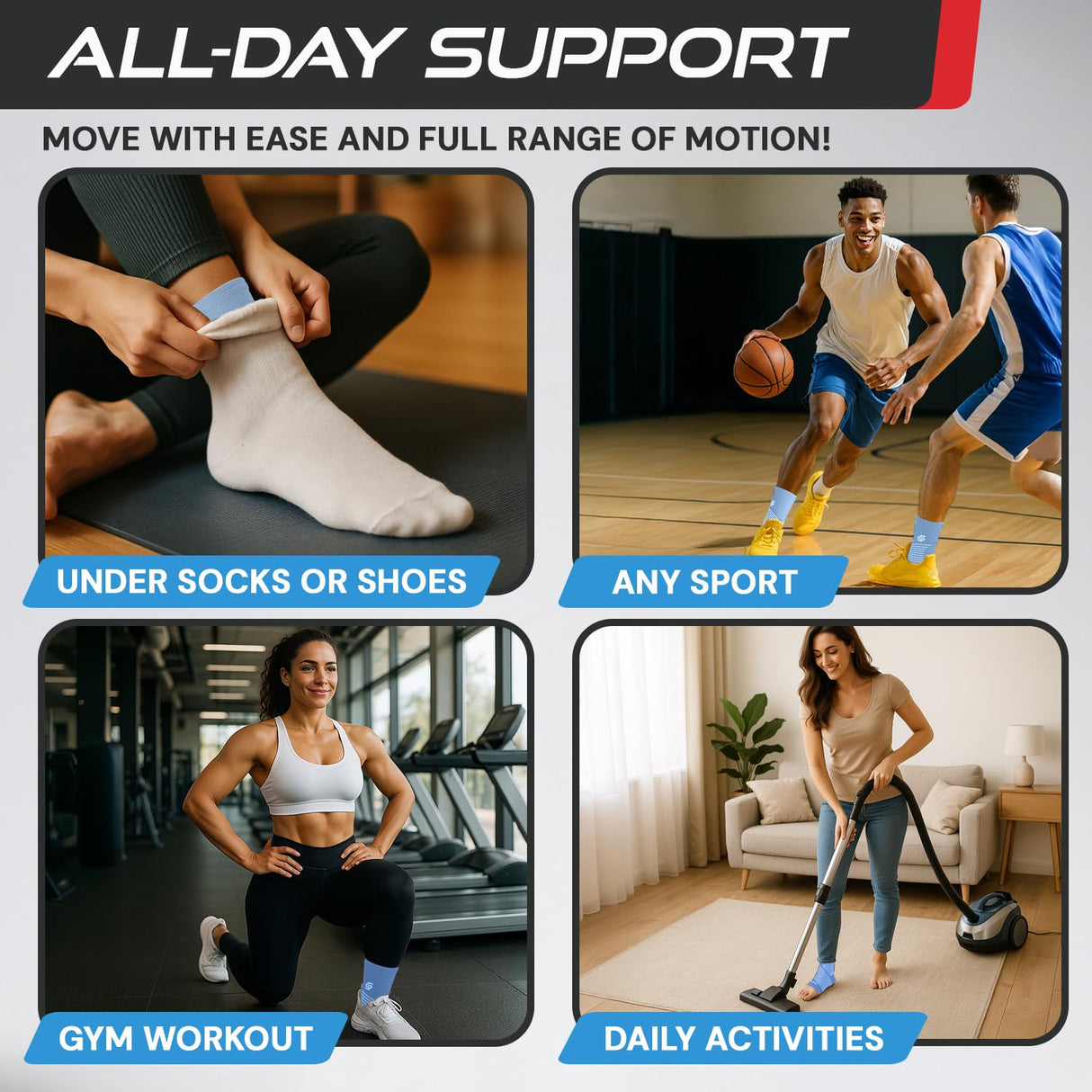 Sleeve Stars Ankle Brace for Women & Men, Ankle Wrap for Sprain, Compression Sleeve for Plantar Fasciitis Relief, Easy Customizable Support: w/ Removable Strap (Single/M:10"-12"/Light Blue)