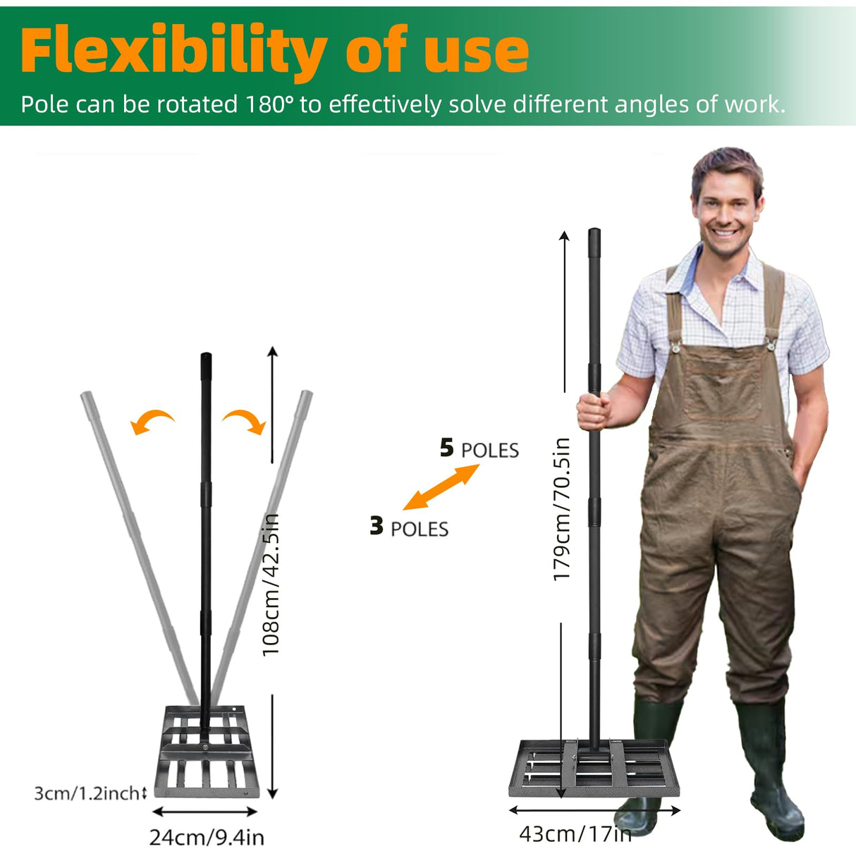 Lawn Leveling rake 17"x9.4" Levelawn Tool with 70.5" Adjustable Long Handle Heavy Duty Landscape Leveling Rake Lawn Leveler Yard Tool for Backyard, Golf Course, Garden, Pasture, Farm