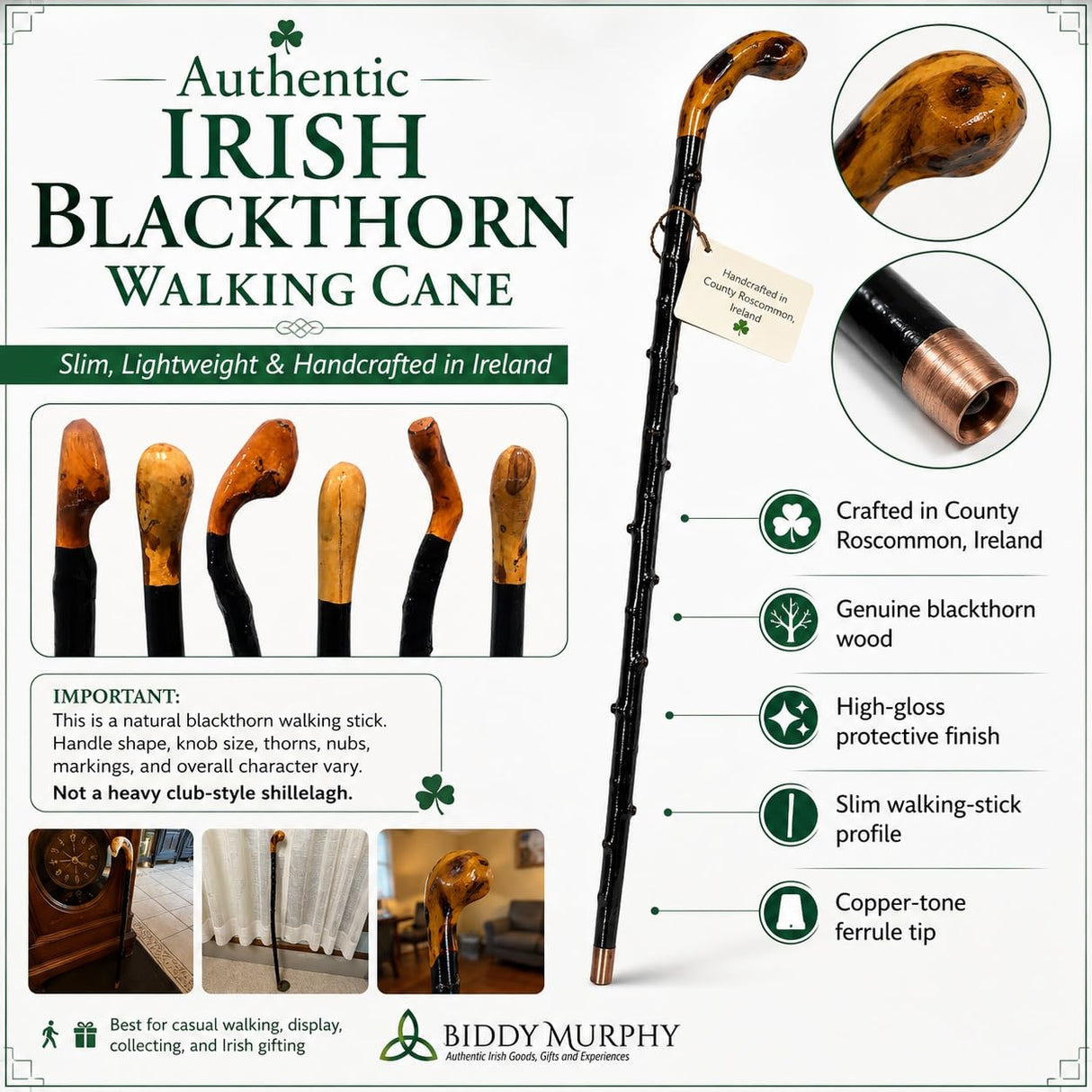 Imported Shillelagh Wooden Irish Walking Stick, Handcrafted 100% Blackthorn Lightweight Wood Cane, Handles All Unique, Black High Gloss Lacquered, Made in Ireland 36"