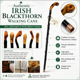 Imported Shillelagh Wooden Irish Walking Stick, Handcrafted 100% Blackthorn Lightweight Wood Cane, Handles All Unique, Black High Gloss Lacquered, Made in Ireland 36"