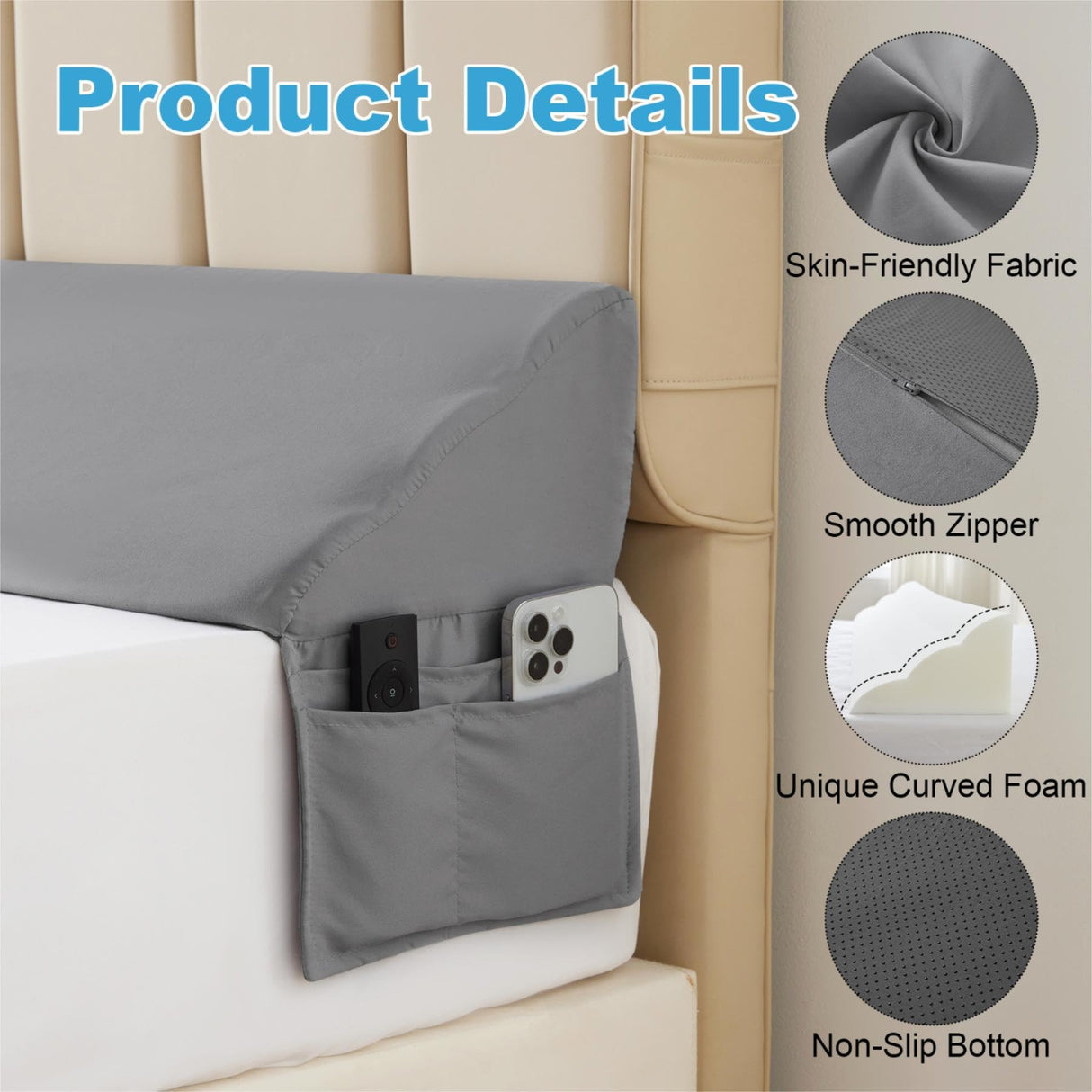 MEGCXIT Queen Bed Wedge Pillow for Headboard, Bed Gap Filler, Triangle Pillow Wedge for Headboard Gap, Bolster Pillows for Beds, Anti-Slip Mattress Wedge Gap Filler, 60"×10"×6", Grey