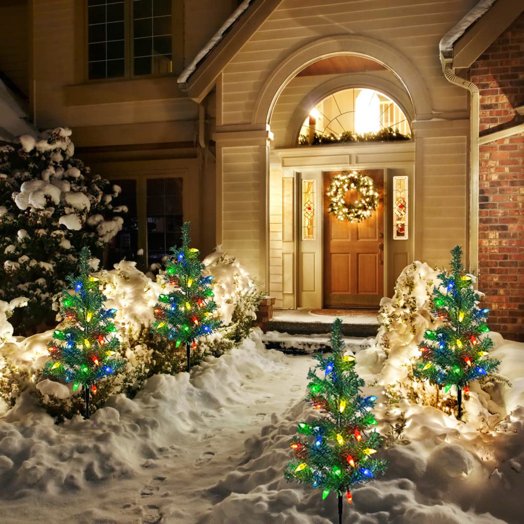 Windpnn Upgraded 4-Pack Solar Christmas Garden Stake Lights, Decorative Xmas Tree Solar Christmas Yard Stake Outdoor Waterproof Pathway Lights for Garden Patio Yard Decorations