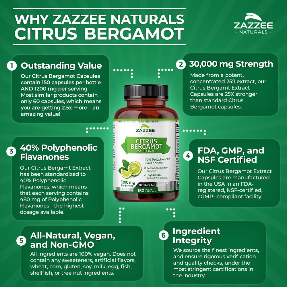 Zazzee Extra Strength Citrus Bergamot 25:1 Extract, 1200 mg per, 40% Polyphenolic Flavanones, 150 Vegan Capsules, Concentrated and Standardized 25X Potency, Non-GMO and All-Natural, Made in The USA