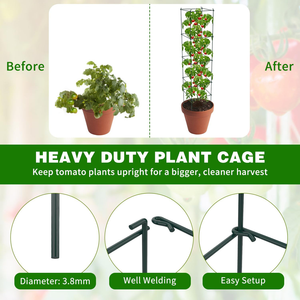 LAKNUAL 6 Packs Tomato Cages for Garden, 12"×12"×56" Plant Support Cage with Different Spacing, Green Metal Trellis for Climbing Plants Like Cucumber, Flowers