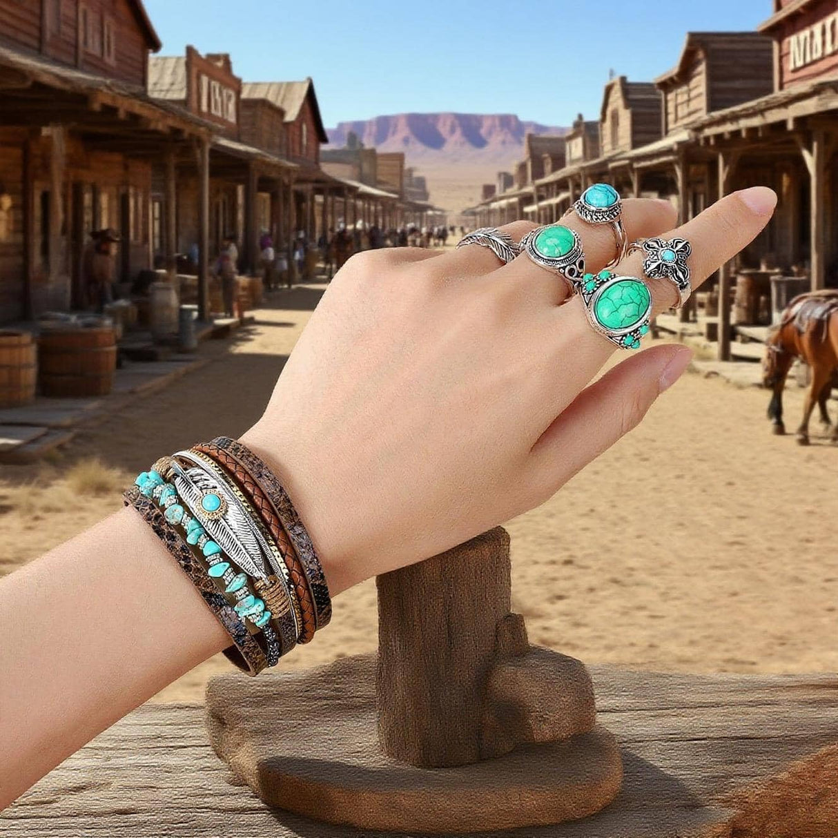 OLngMaMa Western Jewelry for Women - Boho Turquoise Jewelry Set with Turquoise Necklace, Earrings, Bracelet & Rings (turquoise boho style)