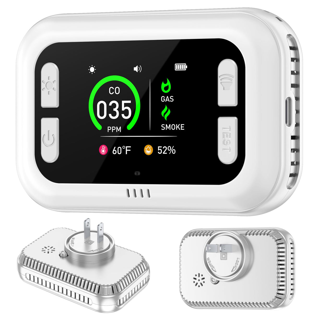 HAKINAKU Plug in 5in1 Smoke & Carbon Monoxide Detector & Combustible Natural Gas Combination Builti-in Backup 1000mAh Battery & HD Screen [Temp Humidity Sensors] for Home Kitchen Hotel (1Pack, White)