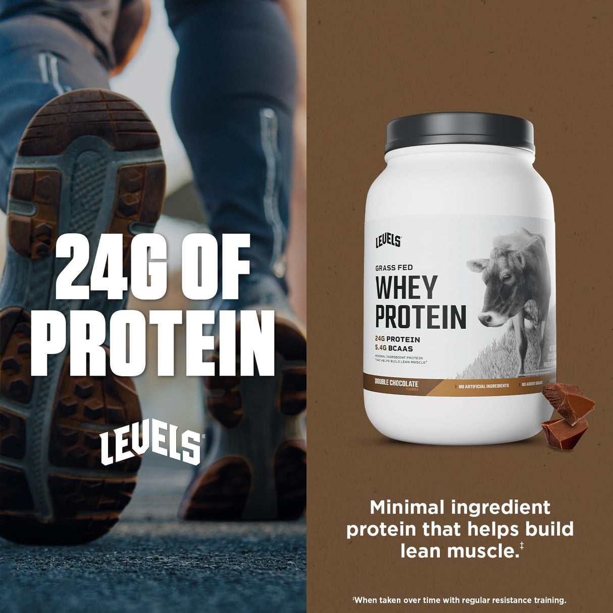 Levels Grass Fed Whey Protein Powder, No Artificials, 24G of Protein, Double Chocolate, 2LB