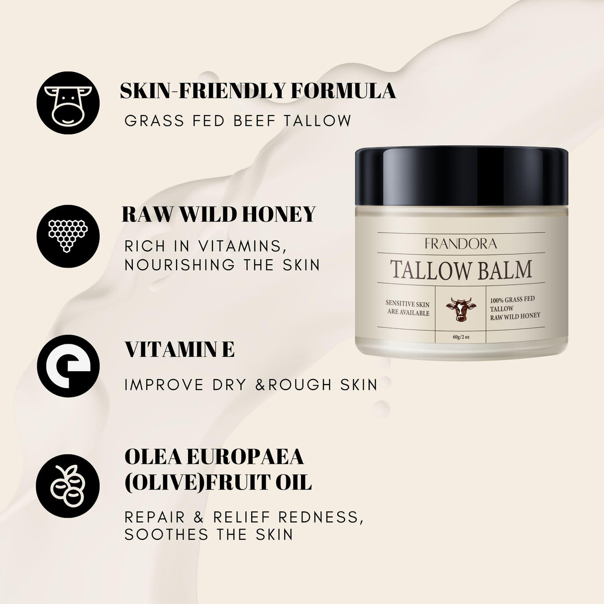 FRANDORA Beef Tallow and Honey Balm for Skin, All-Natural Moisturizer for Face and Body, Hydrating Grass-Fed Beef Tallow & Raw Wild Honey Blend