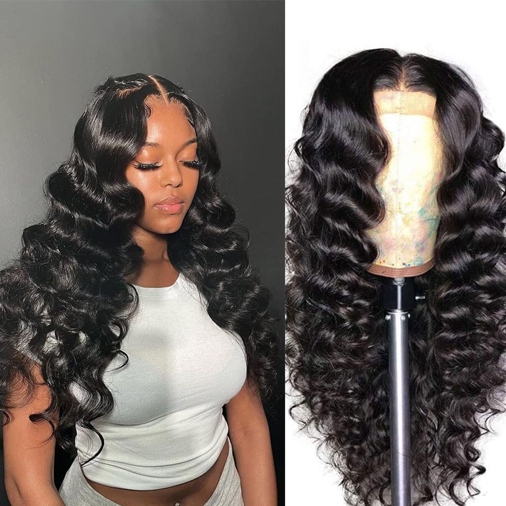 BINF Loose Wave Lace Front Wigs Human Hair 30 Inch Loose Deep Wave Wig Pre Plucked Pre Cut Glueless 4x4 Deep Wave Lace Closure Wig for Women HD Transparent Natural Black