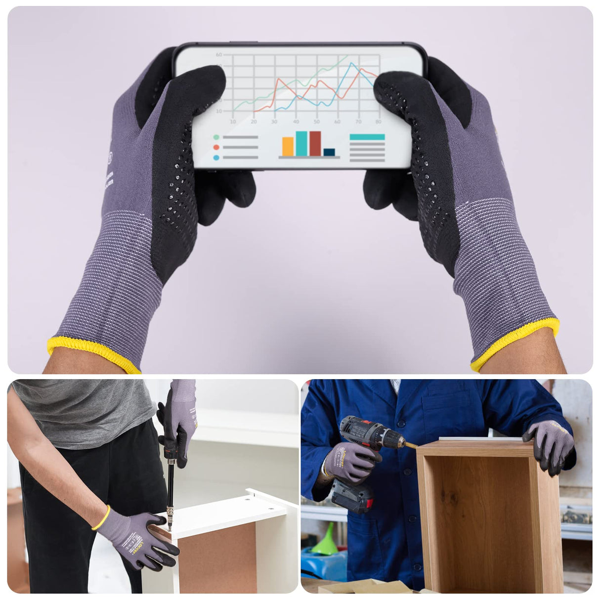 LOCCEF Work Gloves MicroFoam Nitrile Coated-12 Pairs,Endurance Seamless Knit Nylon,Dots on palm,Tacky Dot Grip Gloves (Black 12-Pairs, 8/M)