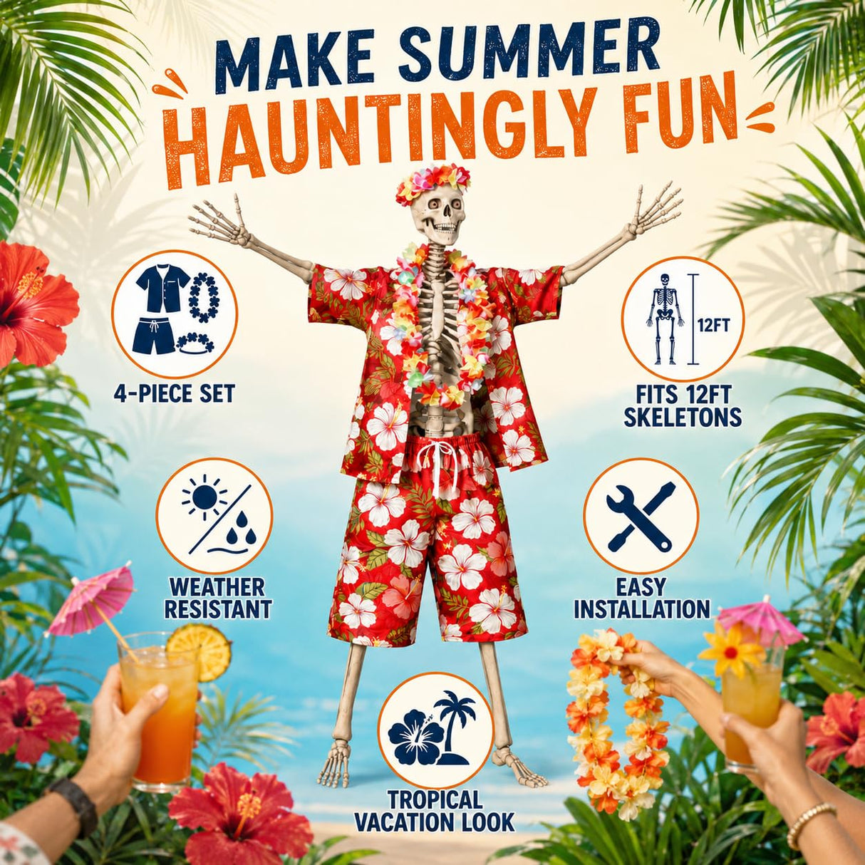 4 Pcs 12 Ft Skeleton Hawaiian Outfit Set Tropical Shirt Shorts Lei Headband