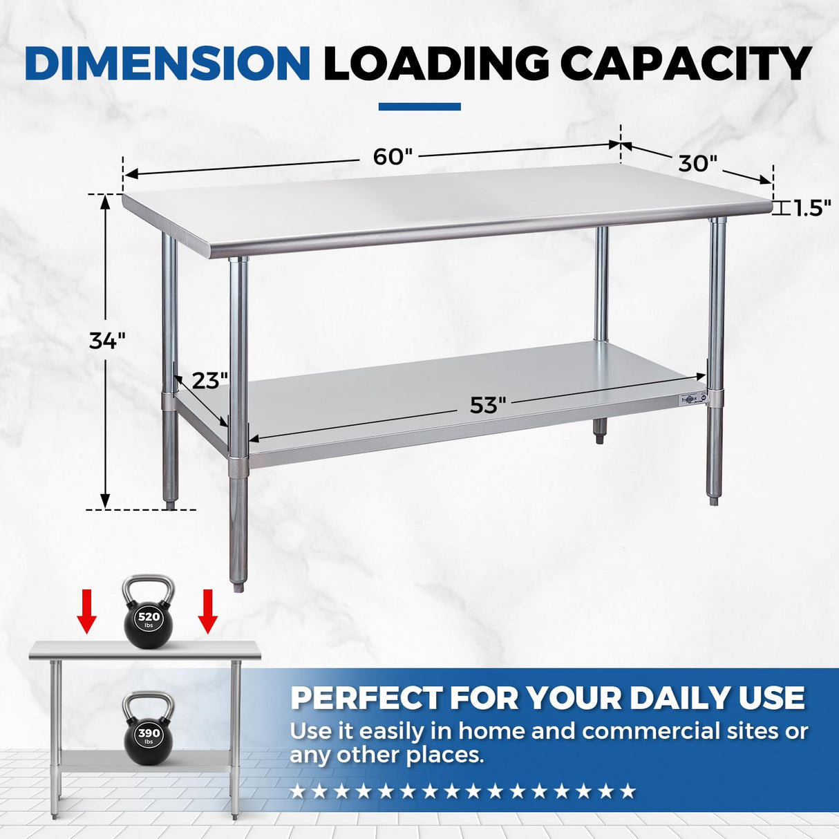 Profeeshaw Stainless Steel Prep Table 60x30 Inch NSF Commercial Work Table with Undershelf Heavy Duty Table for Kitchen Restaurant Home Hotel