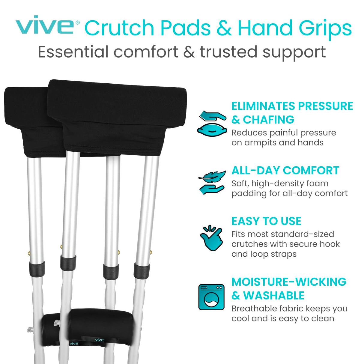 Vive Premium Crutch Pads & Hand Grips - Comfortable, Breathable, Machine Washable Padding - Moisture Wicking & Odor Reducing Pillow Accessory Covers for Adult & Youth Walking Crutches