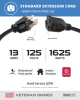 Iron Forge Cable Black Outdoor Extension Cord 50 ft, 16/3, 50 Foot Outdoor Extension Cord, 3 Prong, Weatherproof - Great for Outside Use