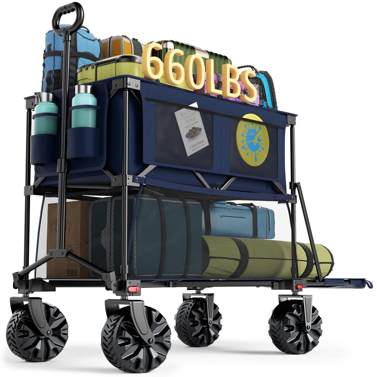 Portal Collapsible Double Decker Wagon Folding Utility Cart with Tailgate, Beach Wagons with Big Wheels, 660LB Heavy Duty Foldable Wagon 14 FT³ Large Capacity for Camping, Sports, Garden