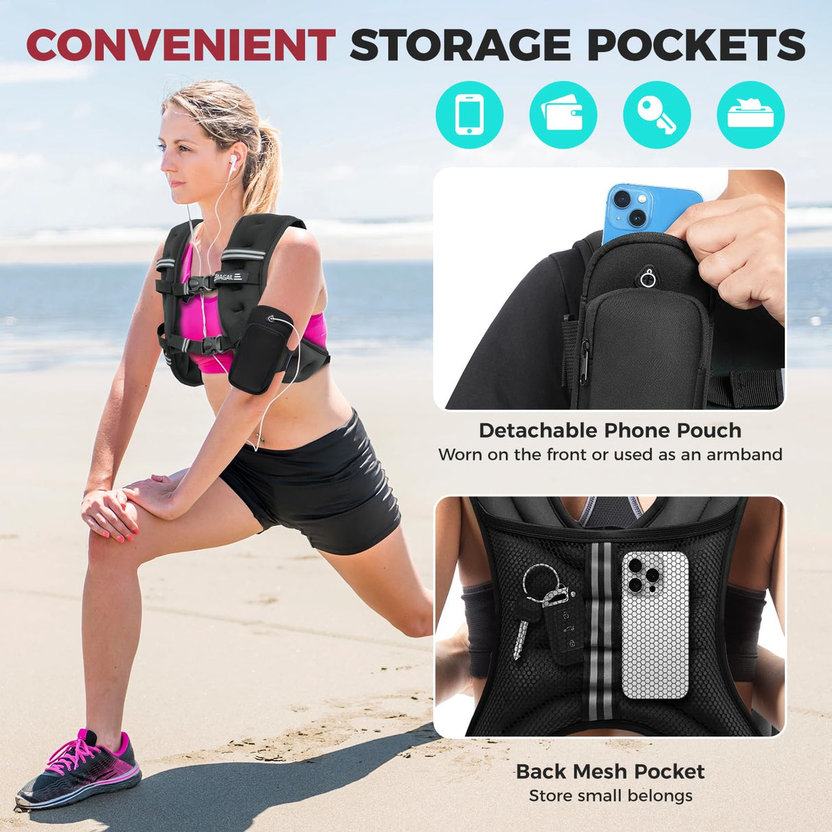 BAGAIL Weighted Vest, 5lbs/10lbs/12lbs/15lbs/20lbs/25lbs/30lbs Weight Vest with Detachable Phone Pouch, Rucking Vest for Women, Men, Walking, Weight Loss, Training, Running