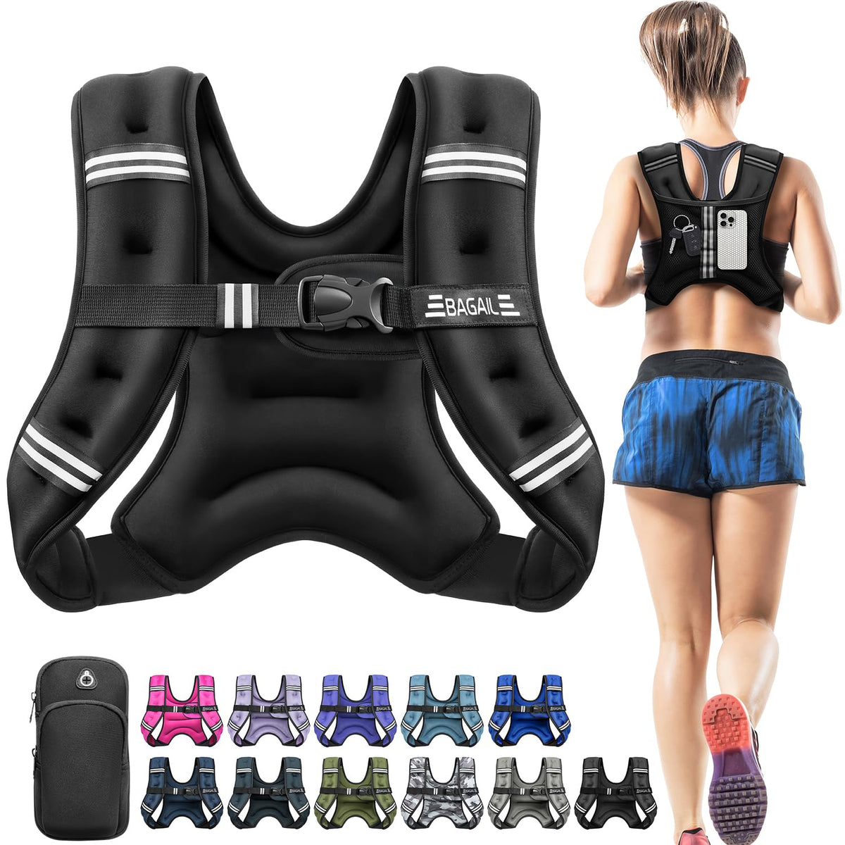 BAGAIL Comfort-Fit Weighted Vest for Woman, Even Weight Distribution, Faster Weight Loss, No-Chafe or Bounce for Walking & Running with Detachable Phone Pouch & Reflective Stripes - 10lb, Black