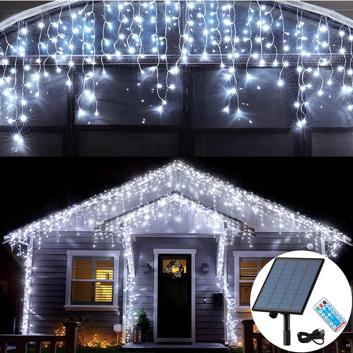 KiflyTooin Solar Christmas Lights Outdoor Waterproof Christmas Decorations Curtain Lights 320LED 29.5ft 60 Drops, Solar Powered Rechargeable Fairy Lights for Party, Wedding, Home Decorations(White)