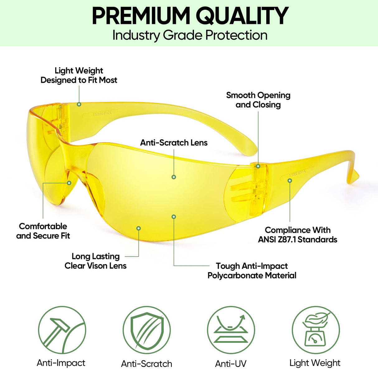 TICONN Clear Safety Glasses for Men and Women, Safety Goggles with Scratch Impact Resistant Meets ANSI Z87.1 Standard (Yellow, 120 Pack)