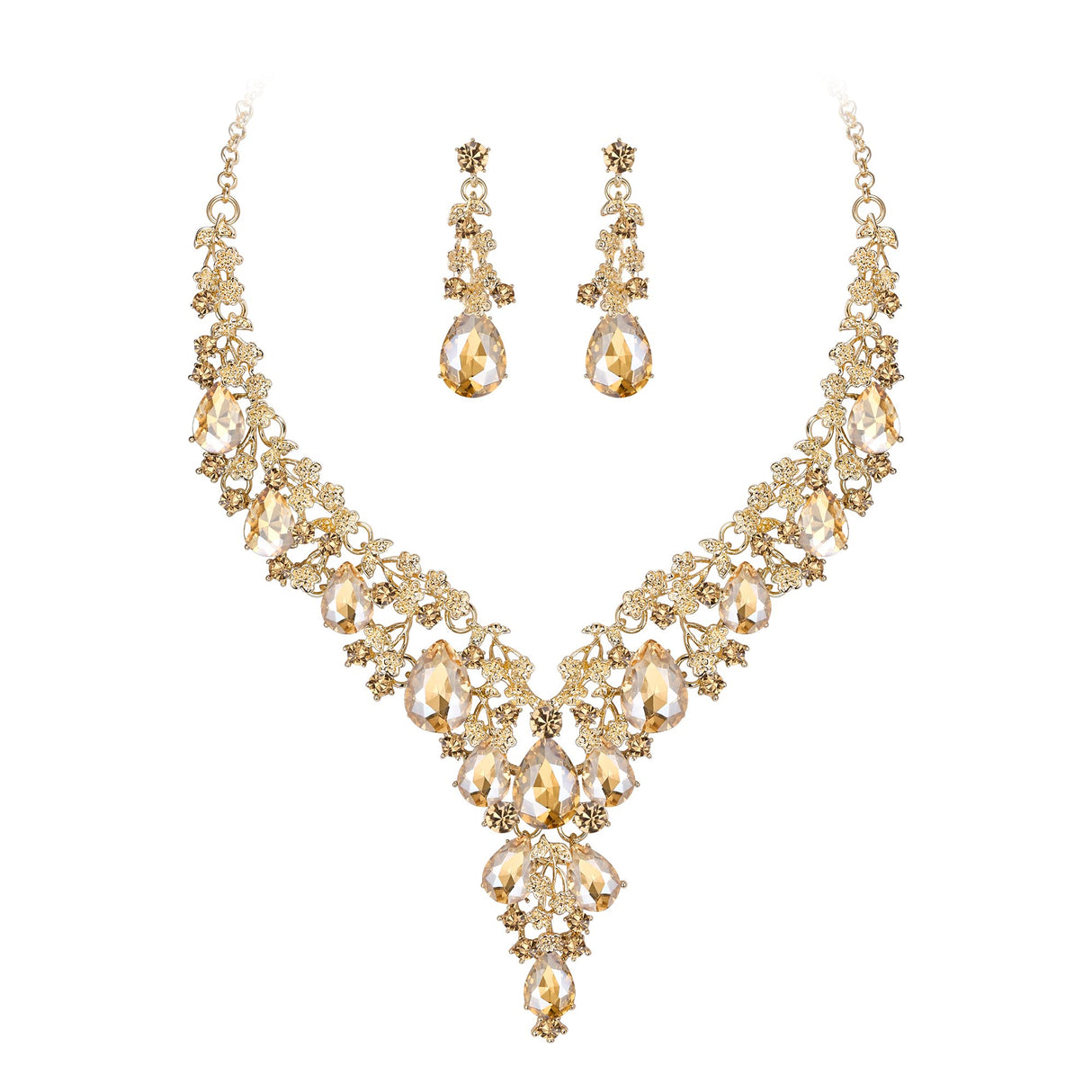 BriLove Wedding Bridal Necklace Earrings Jewelry Set for Women Champagne