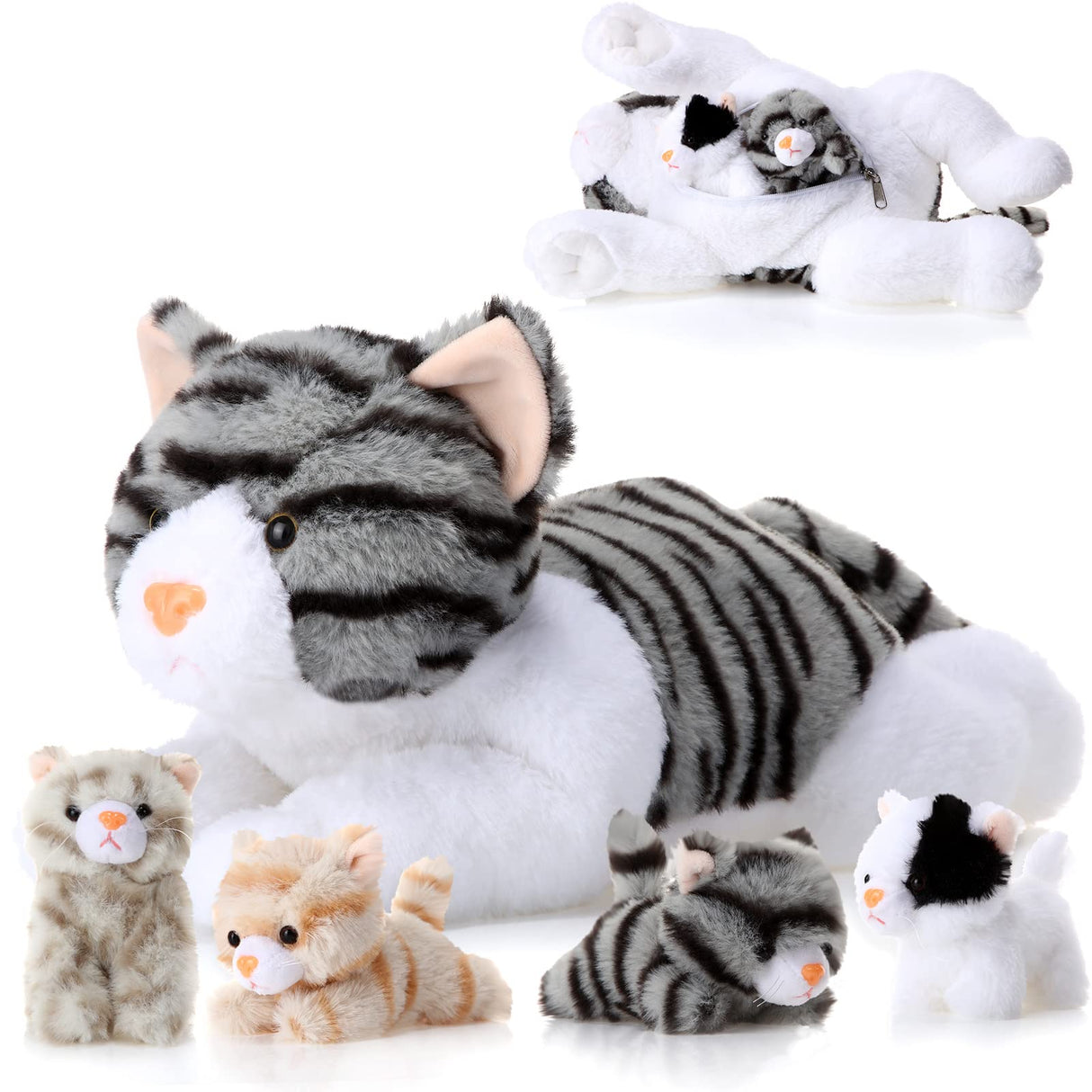 Skylety 5 Pieces Cat Stuffed Animal with Babies Inside Belly Plush Cat Pregnant Mommy Kitty with 4 Cute Fluffy Stuffed Kittens Christmas Birthday Surprise Gifts(Gray)