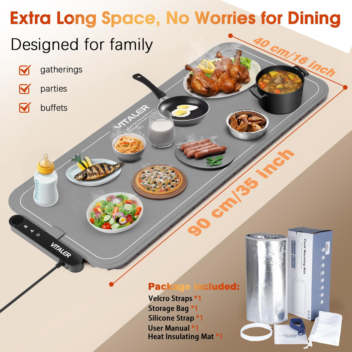 Vitaler Warming Mat for Food, (XXL 35”x16”) Electric Warming Trays, Upgrade Graphene Fast Full-Surface Heating Mat for Food with 6 Level Temp, 6 Hours Timer, Food Warmer Pad with Heat-Insulating Mat