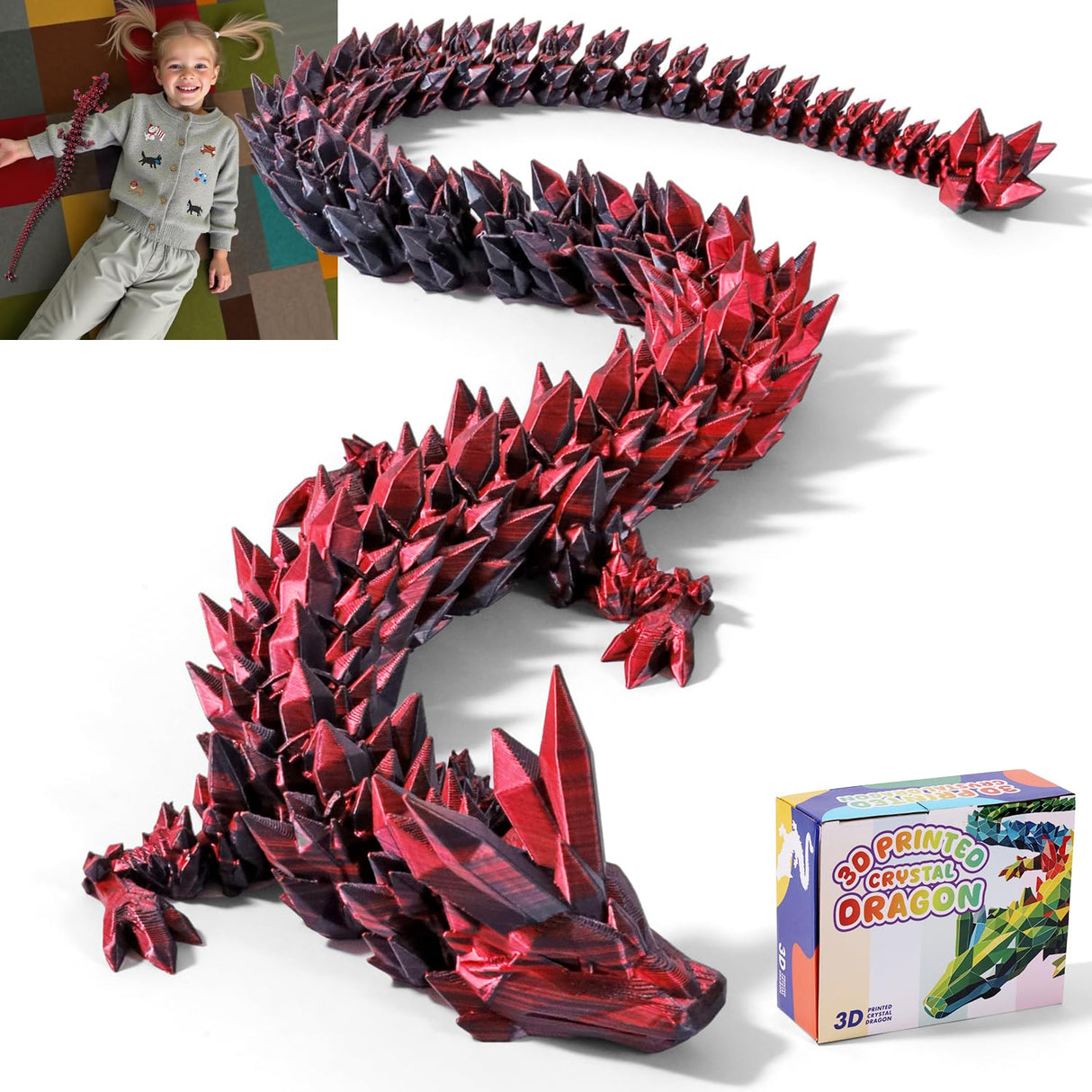 31.5 Large 3D Printed Dragon Bigger Fidget Animals Toys, Giant Flexible Articulated Fidget Toy, Huge 3D Printed Crystal Dragon Halloween Home Office Executive Desk Decor, Christmas 3D Print Toy 2025