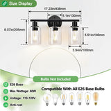 Zarbitta 3-Light Bathroom Light Fixtures, 17.23" Black Modern Vanity Lights with Clear Glass Shade, Bathroom Wall Lamp for Mirror Kitchen Living Room Hallway Cabinet Porch