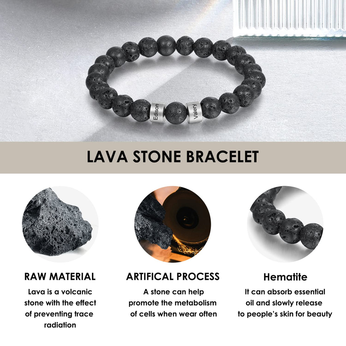 Personalized Beads Bracelets for Men Chakra Stone Bracelets Custom Initial Name Bracelet Mens Malachite Tiger Eye Lava Stone Bracelet Gifts for Him (Black-Lava-silver-2)