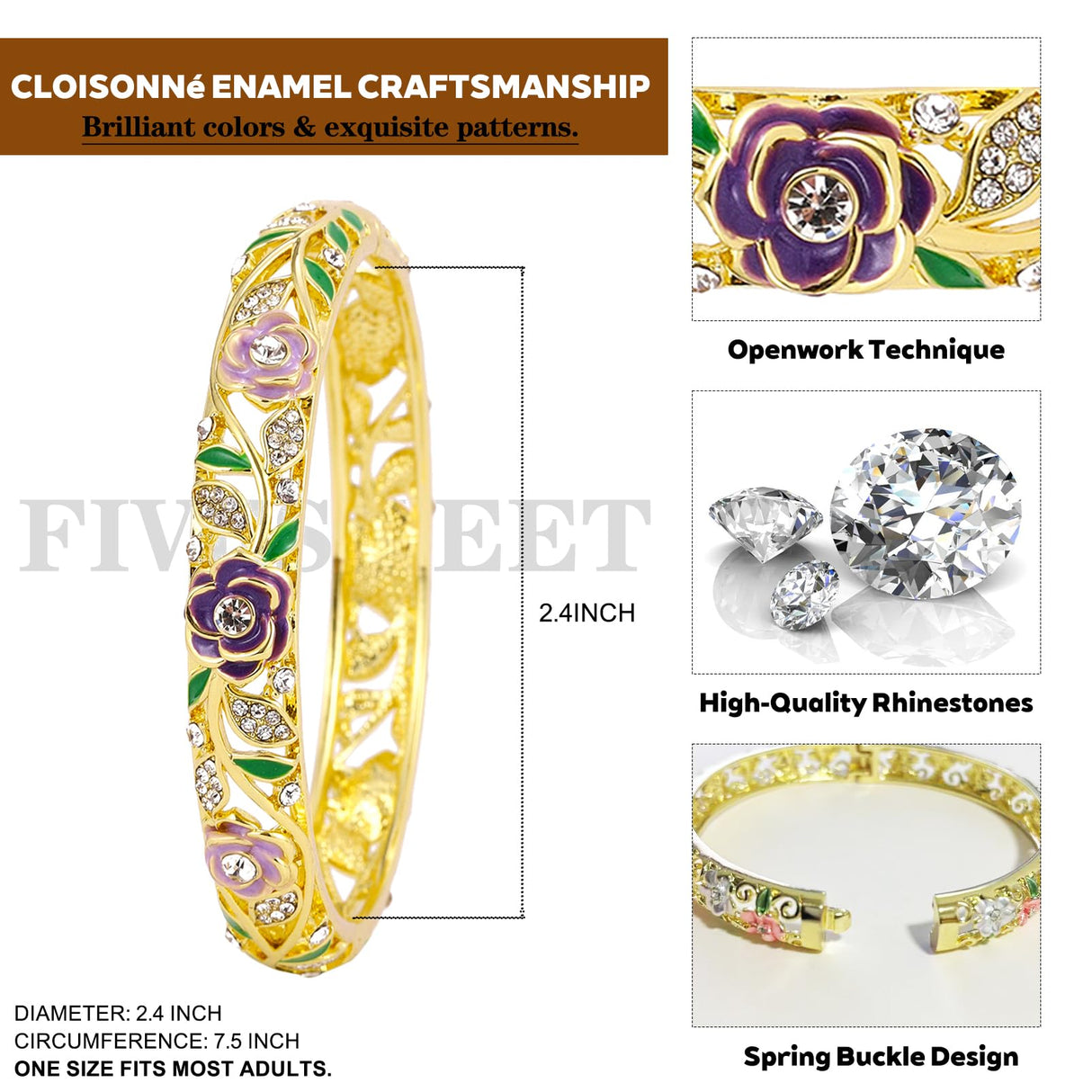 FIVESWEET Trendy 18K Gold Plated Bangle Bracelets Set for Women, Enamel Craft Jewelry-Floral Element , Retro Fashion Palace Style, Zinc Alloy with Rhinestones, 2.4Inch Diameter Fits Most Adults, Perfect Jewelry Gift Idea for Her, Girlfriend, Wife, Mom, Si