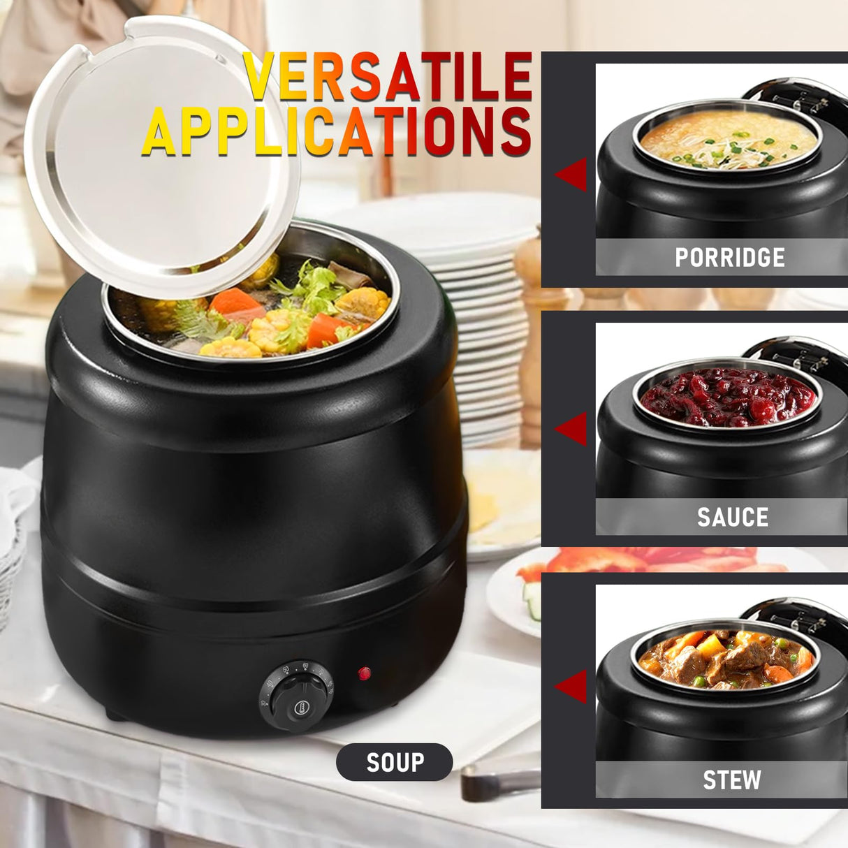 10.5QT Soup Warmers Commercial Soup Kettle with Stainless Steel Hinged Lid and Detachable Insert Pot, Electric Soup Pot for Restaurants and Party, Home, Catering (Black)