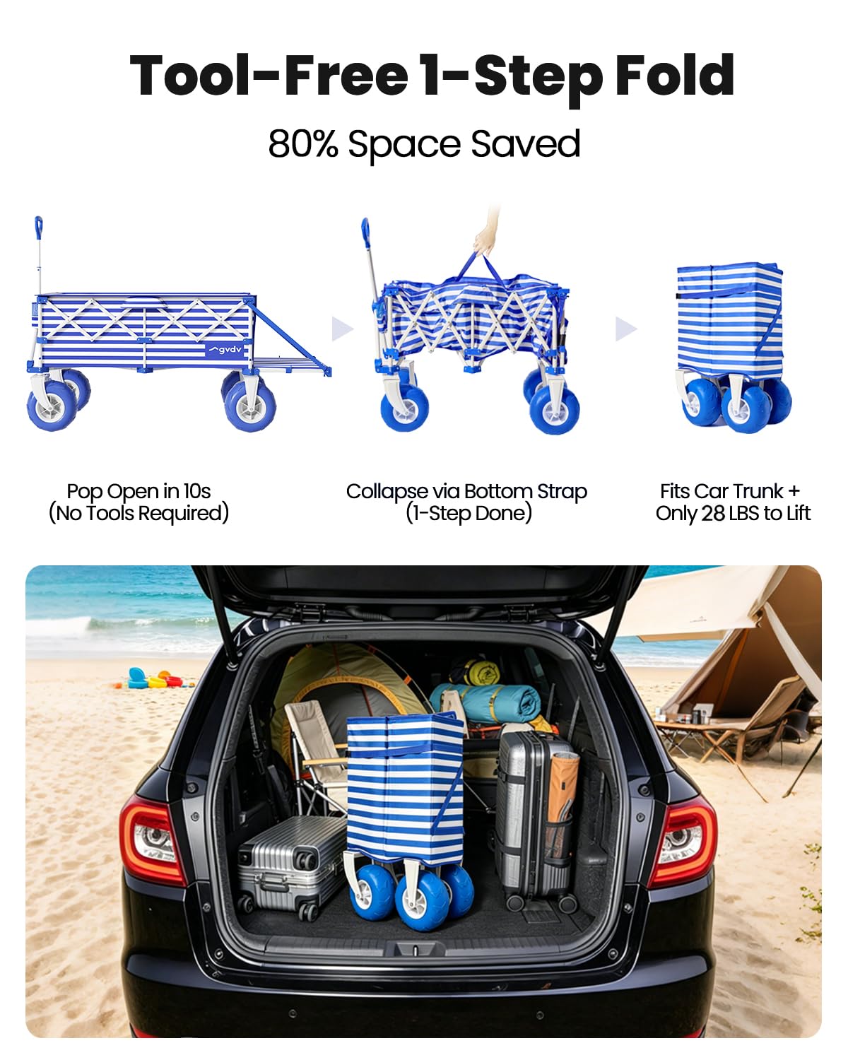 GVDV CW40 Beach Wagon with 9 in Big Balloon Wheels, Cart with Tailgate