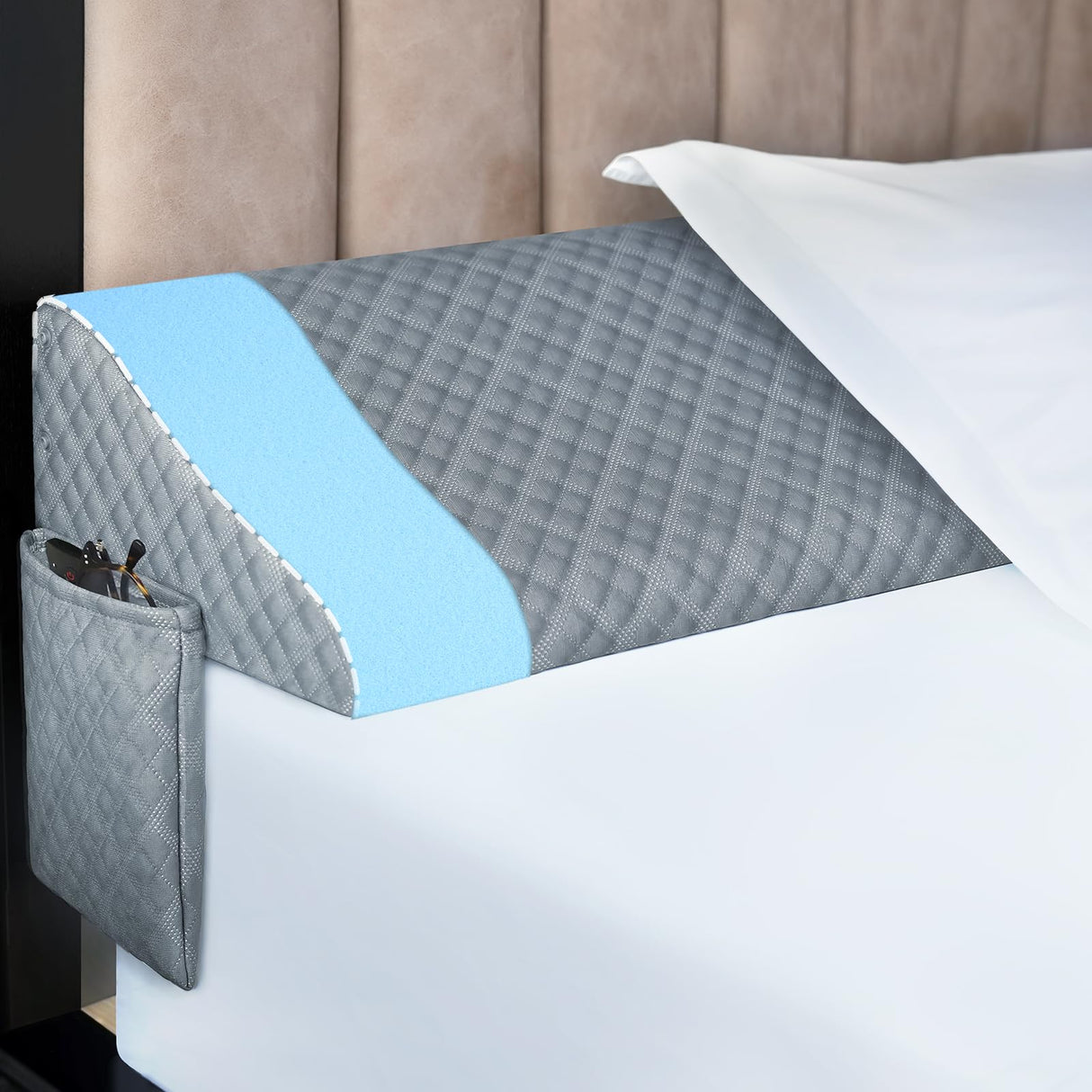 Kayfia Queen Size Pillow Wedge for Headboard Gap Bed Gap Filller (0-8") Mattress Space Filler Pillow Stopper with 2 Side Pocket Triangle Foam Pillow Wedge Between Headboard Mattress(Grey, 60"x10"x6")
