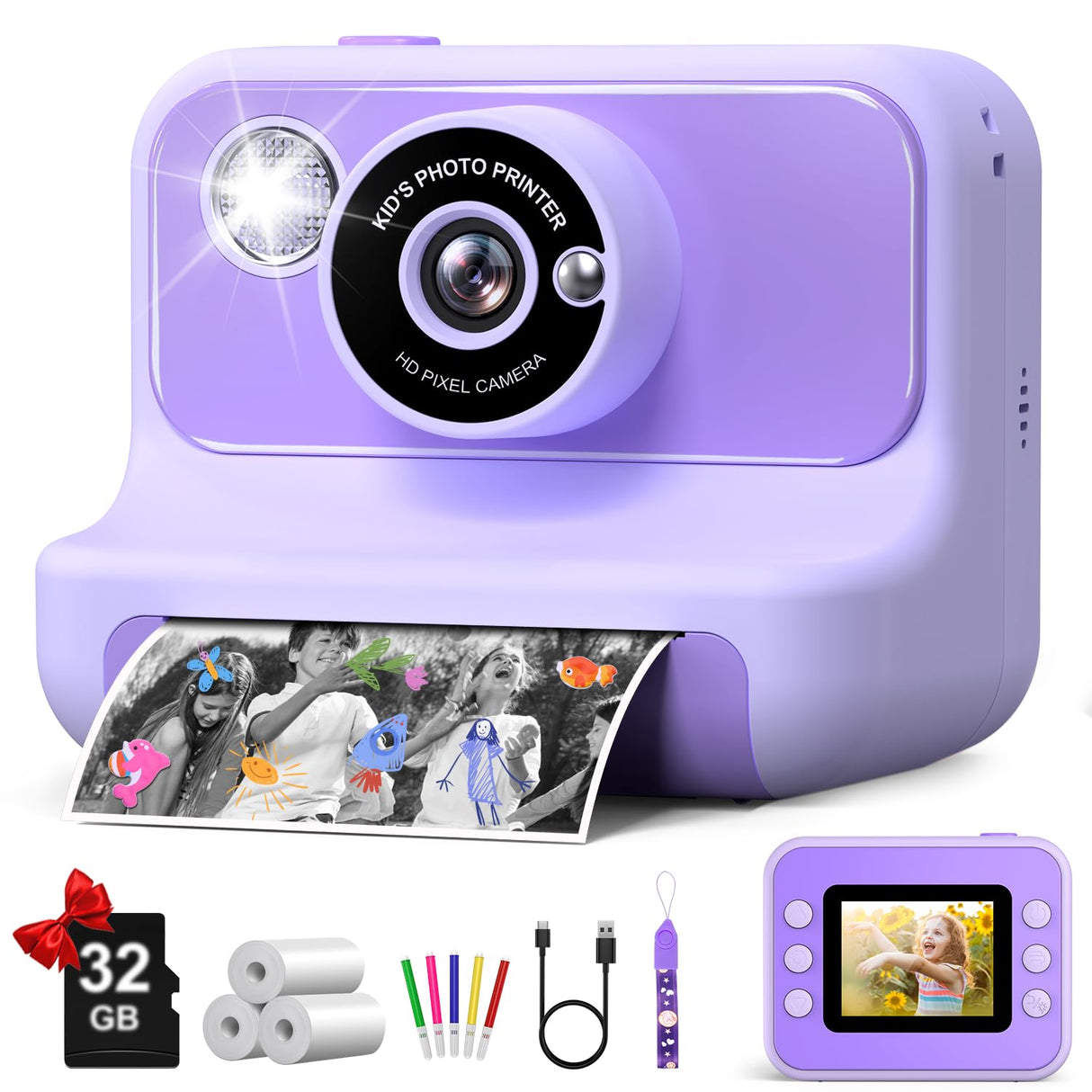 Kids Camera Instant Print, Christmas Birthday Gifts for Girls and Boys, 1080P HD Video Digital Kids Camera with 32G Card, Toddler Camera for 3-12 Years Old, Purple