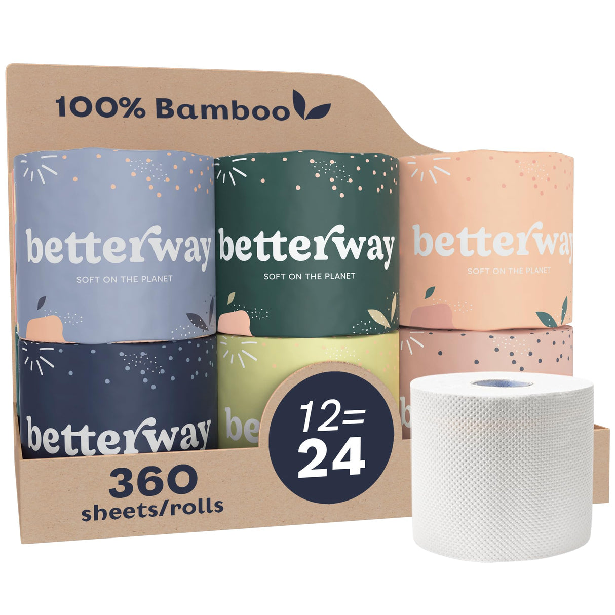 Betterway Bamboo Toilet Paper 3 Ply - Sustainable Toilet Tissue - 12 Long-Lasting Rolls & 360 Sheets Per Roll - Septic Safe - Organic, Plastic & PFAS Free - FSC Certified