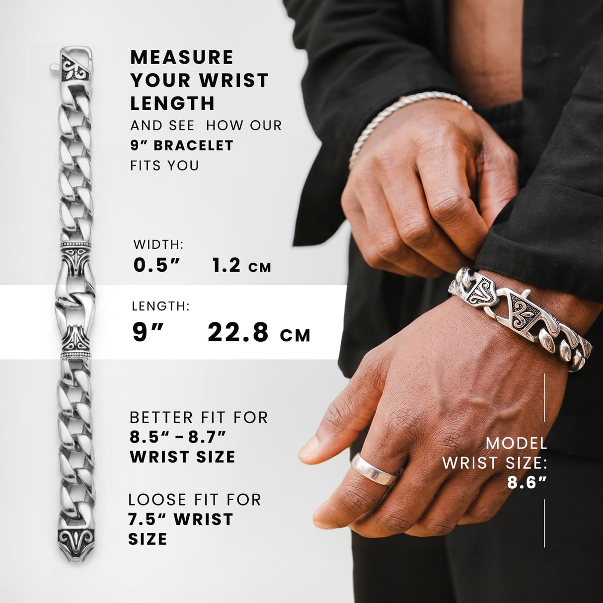 Urban Jewelry Men’s 316L Stainless Steel Link Bracelet, Black & Silver, 8.5" Length, Heavy Chain, Scratch Resistant, Hypoallergenic, Gift Ready