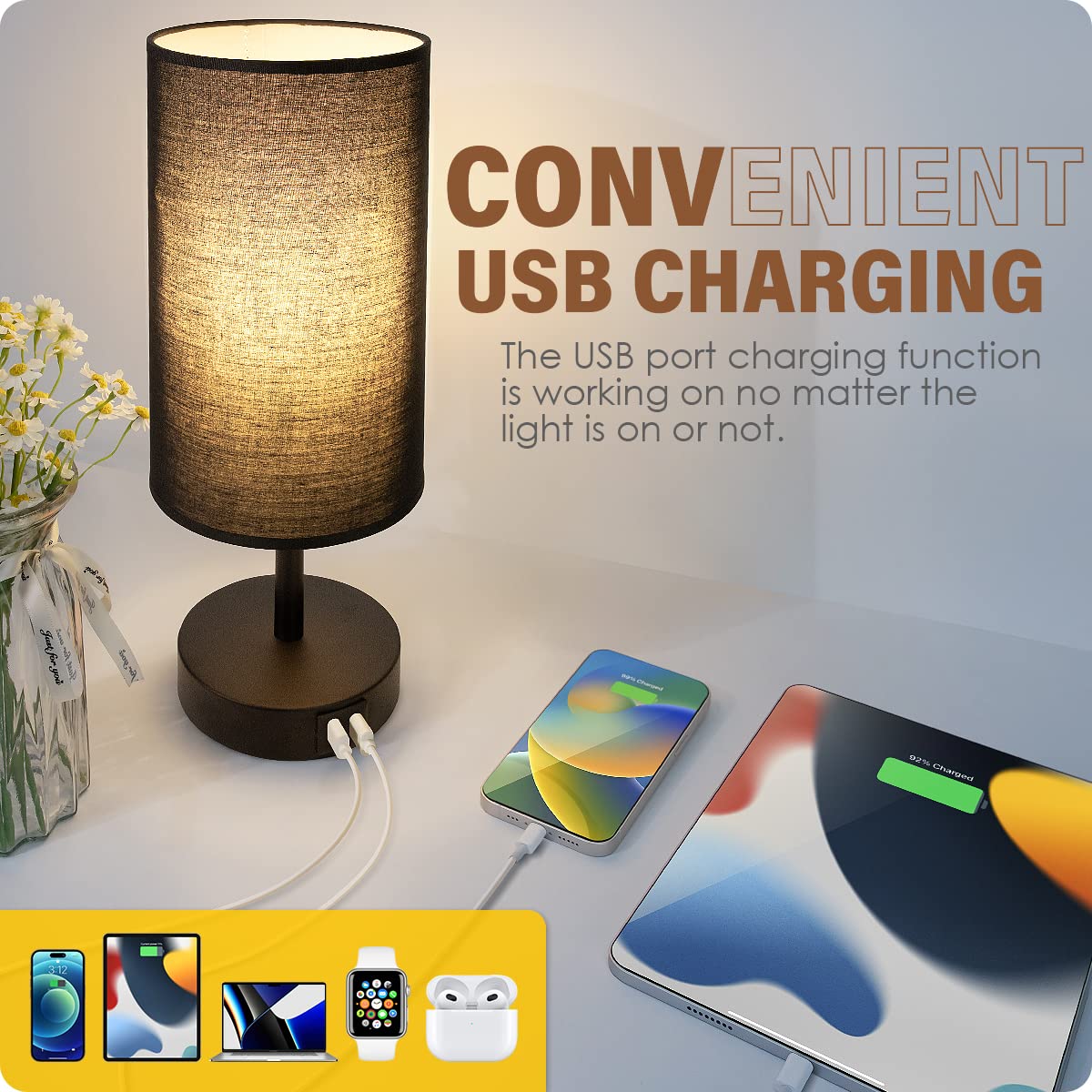 Yarra-Decor Bedside Lamp with USB Port - Touch Control Table Lamp for Bedroom 3 Way Dimmable Nightstand Lamp with Round Black Fabric Shade for Living Room, Dorm, Home Office (LED Bulb Included)