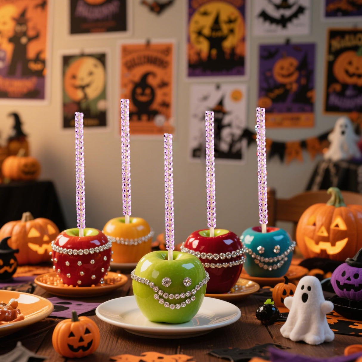 ASTARON 24 Pack Glitter Bling Candy Apple Sticks and Bags, Cake Pop Sticks Kit Including Caramel Apple Sticks with Ribbon and Chocolate Apple Packaging Bags for Party Supplies (Pink)