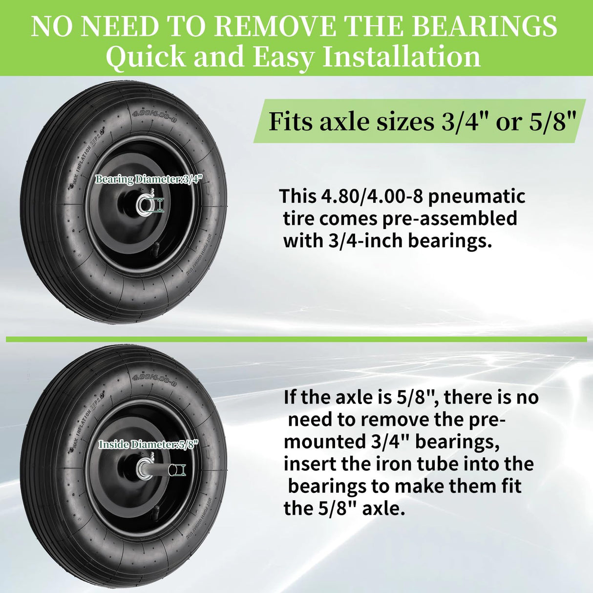 RRQ 4.80/4.00-8 Tire and Wheel, 16" Pneumatic Wheelbarrow Tires, 2 Pack