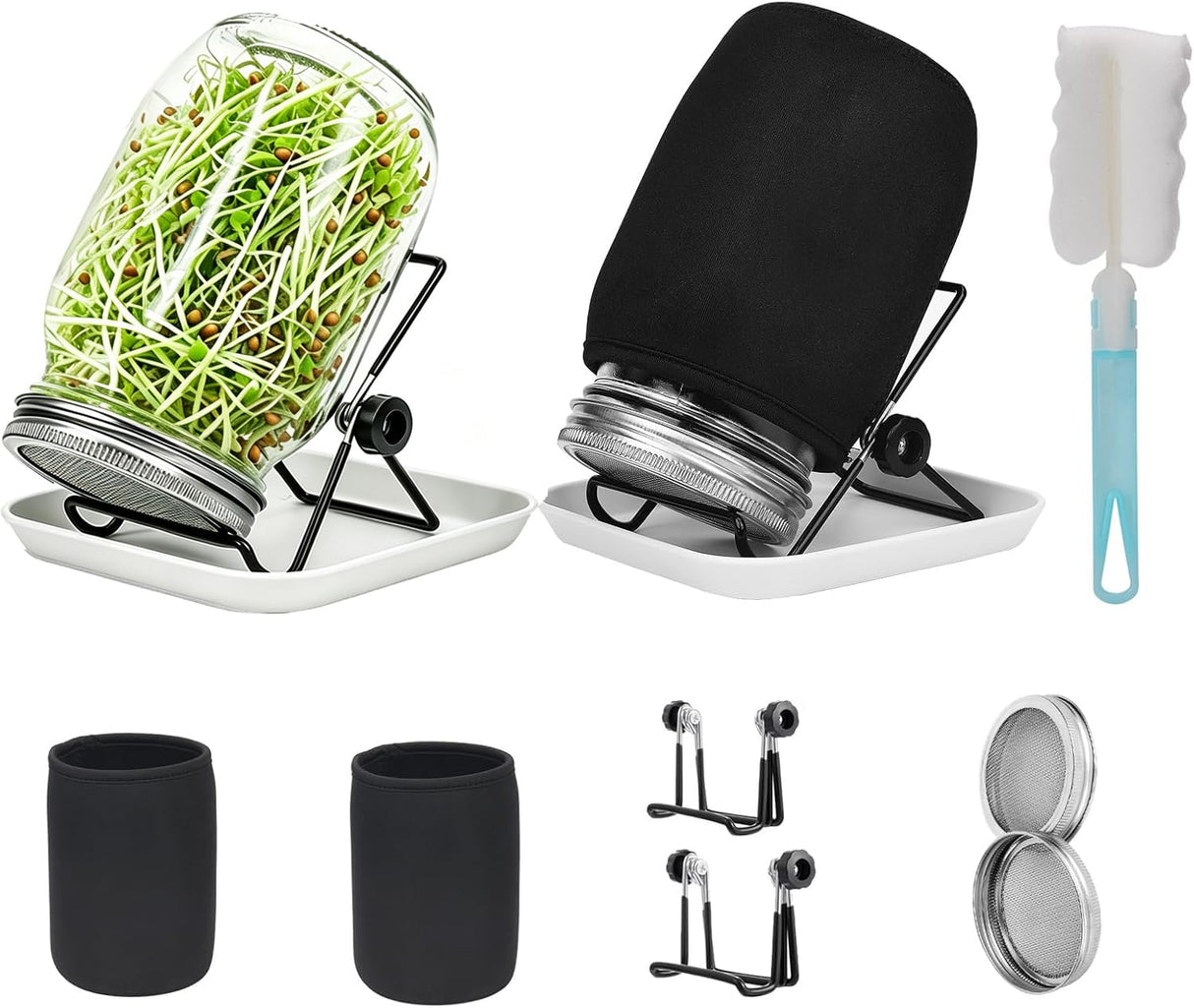 Lulonpon Sprouting Kit, 2 Sprouting Jar Kits, Wide Mouth Quart Mason Jars with Stainless Steel Screen Sprout Lids,1000ml, Stand and Canning Brush,Seed Sprouter Set for Growing Broccoli, Alfalfa