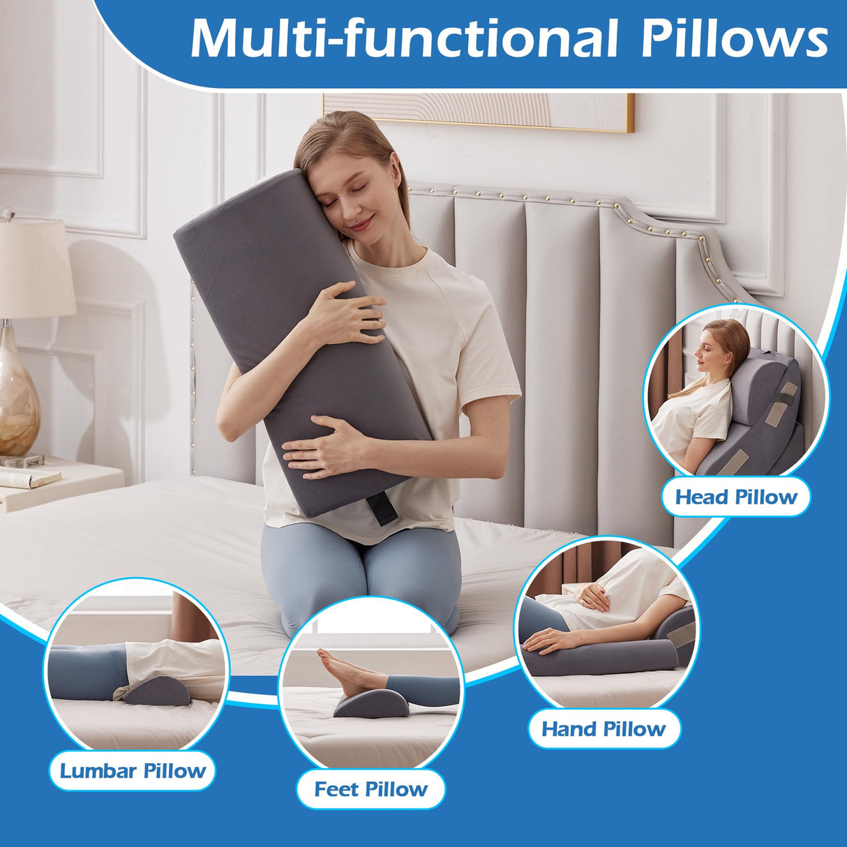 Ahpmeoa 6PCS Orthopedic Bed Wedge Pillow Set for Sitting up in Bed, Memory Foam Post Surgery Pillow for Back Pain Relief, Back Support Pillow for Acid Reflux Relief, GERD, Anti Snoring (Plush Grey)