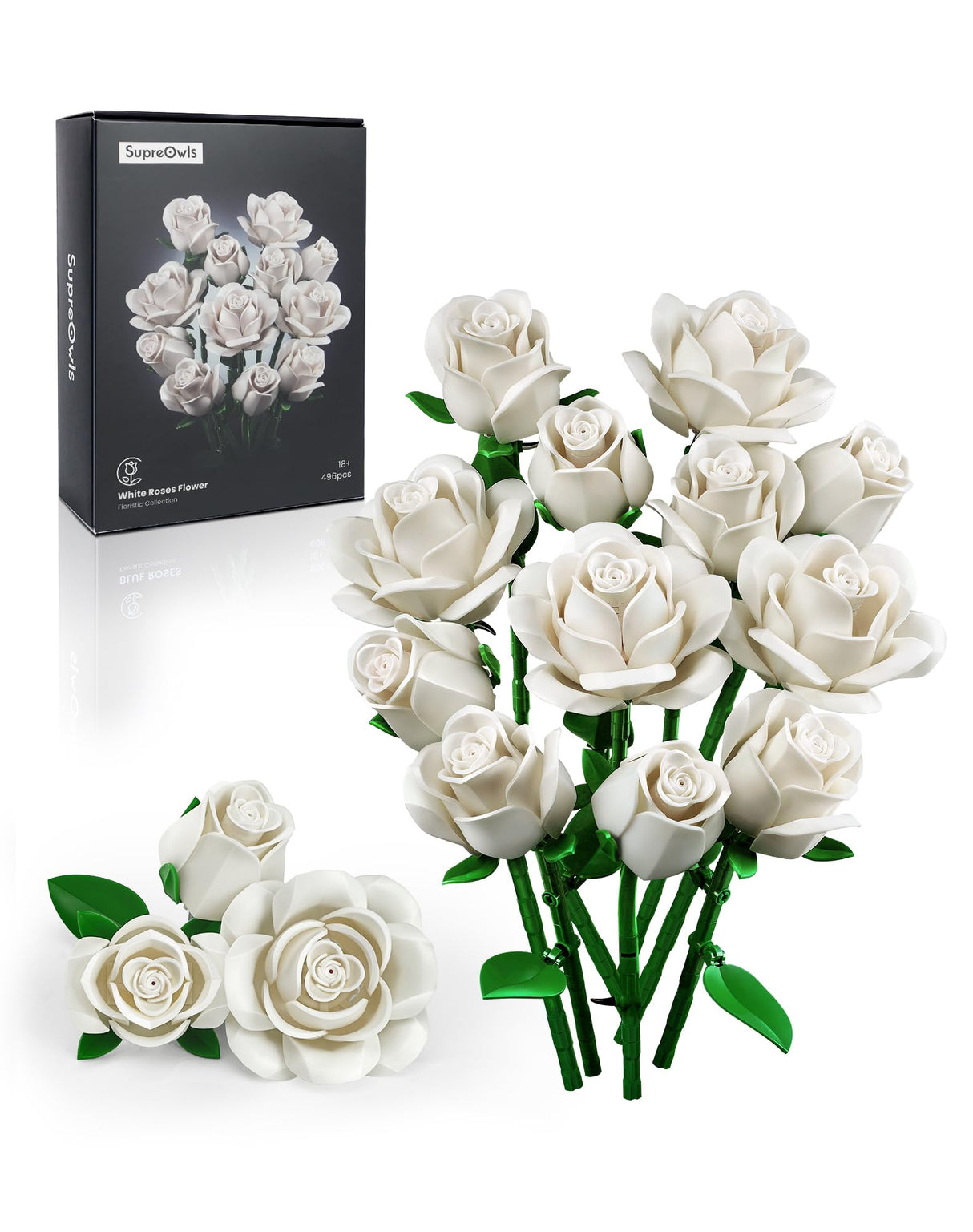 iATOM White Rose Bouquet Building Set, Wedding Artificial Flowers Botanical Collection for Adults Women, Gift for Valentines Day & Christmas - Home Office Table Centerpiece Decor - IA11013